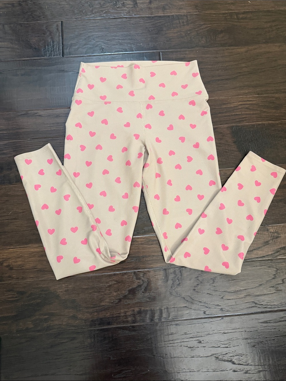 Beach Riot Tan Ribbed High Waisted Leggings with Pink Hearts - Size L
